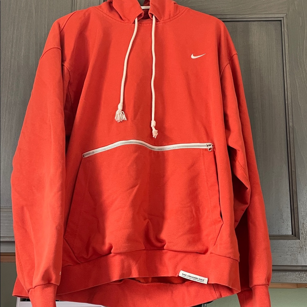 Nike Orange-Red Hoodie with White Drawstrings